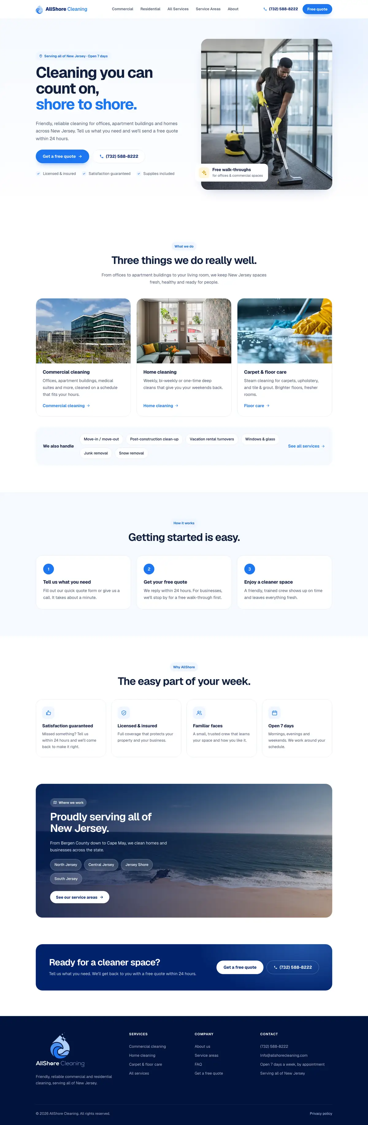 The complete AllShore Cleaning homepage, from top to bottom