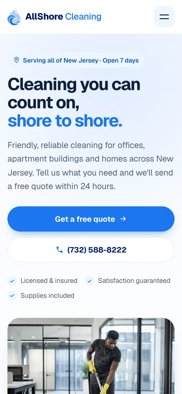 AllShore Cleaning website on a phone
