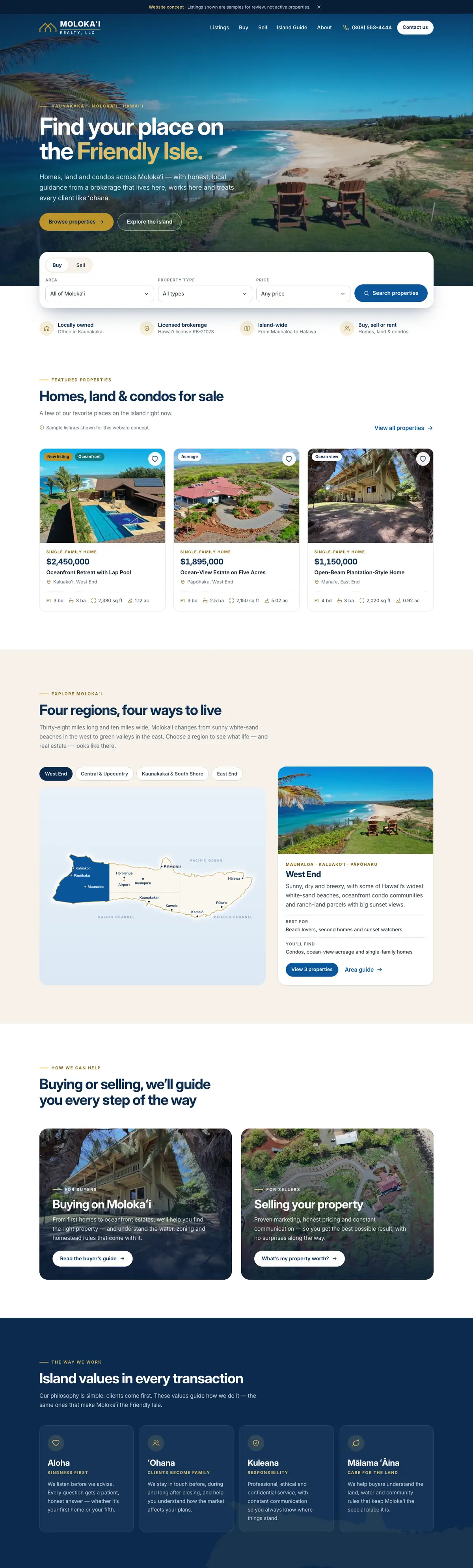 The complete Molokaʻi Realty homepage, from top to bottom
