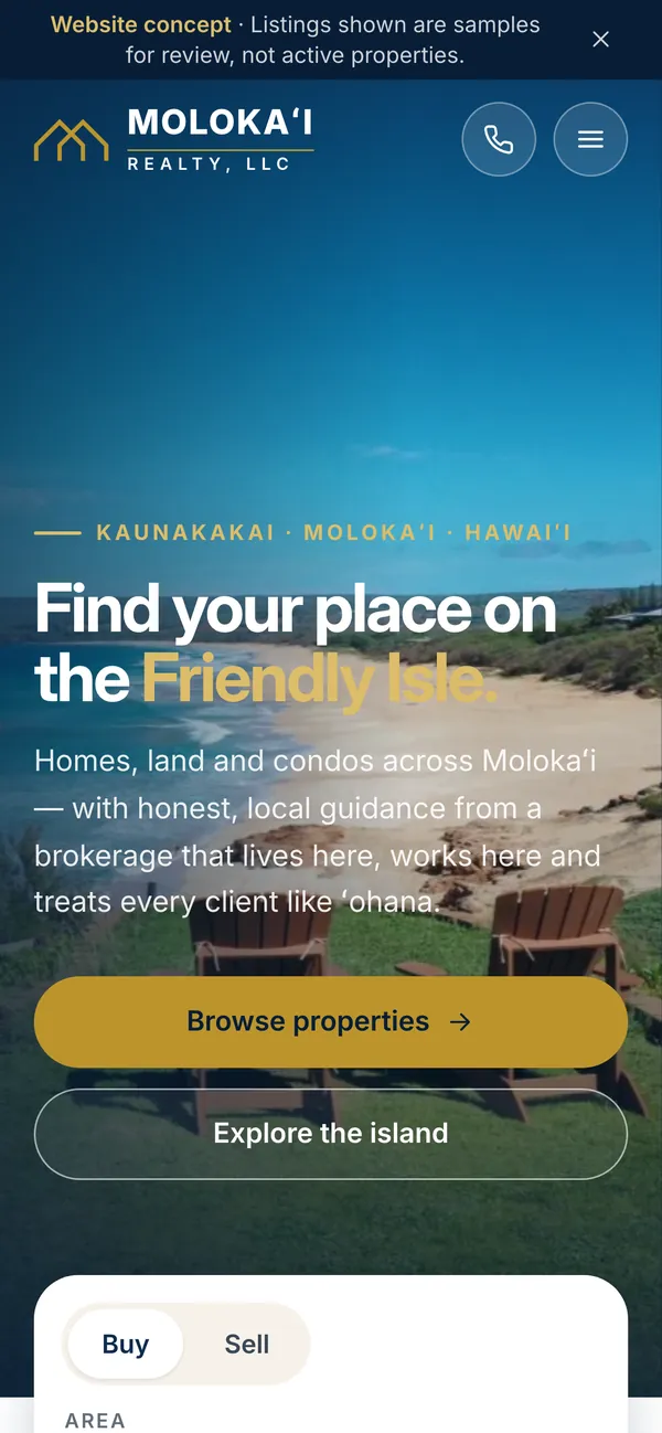 Molokaʻi Realty website on a phone