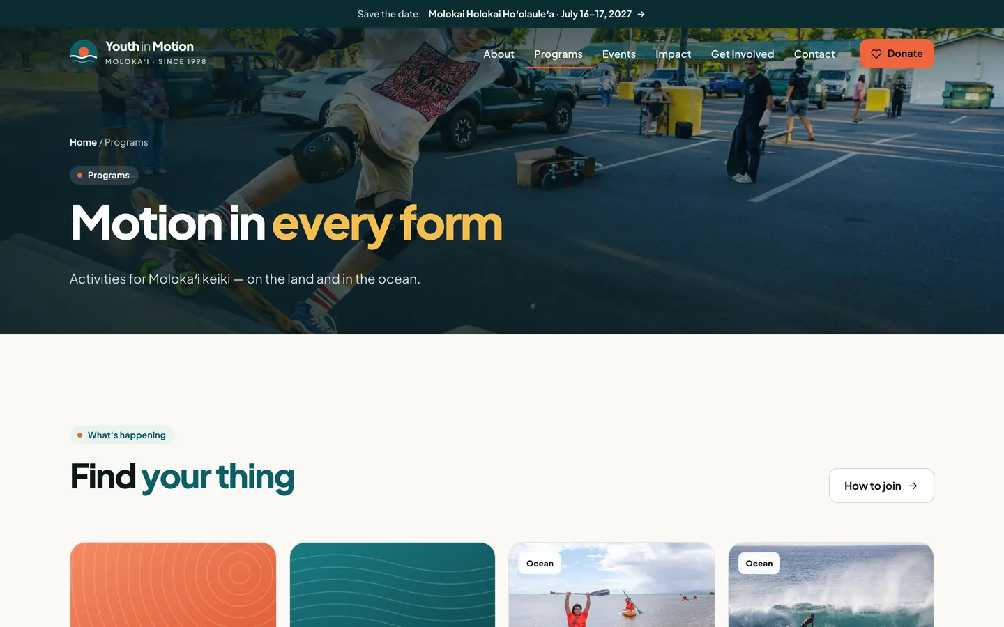 Youth in Motion website inner page
